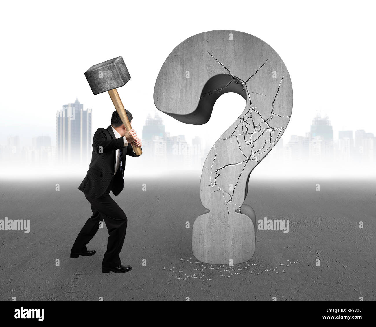 businessman holding hammer cracked question mark with gray cityscape