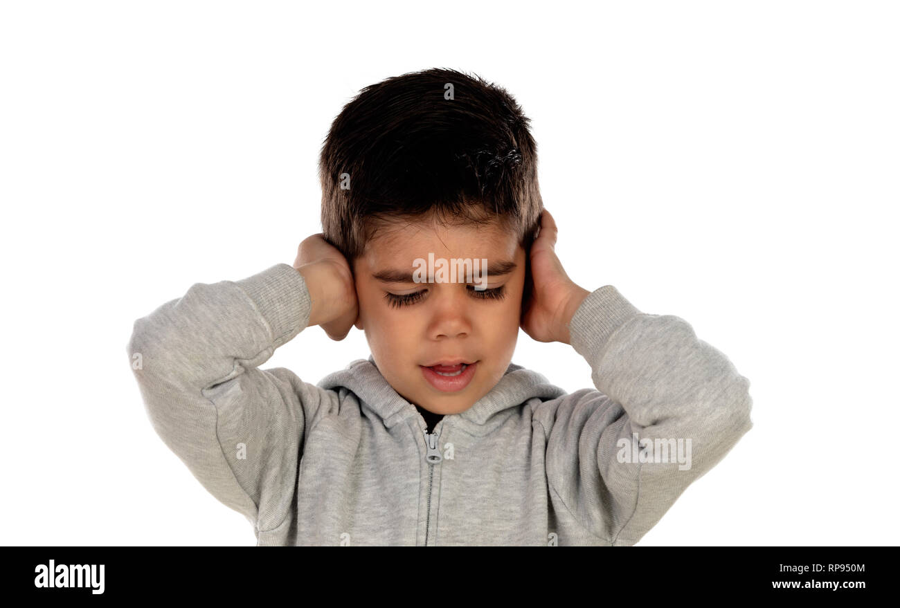 Small child covering his ears isoalted on a white background Stock