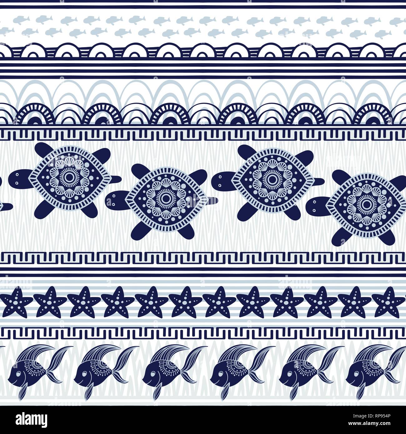 Stripe seamless pattern with sea underwater animals. Cute cartoon turtles and starfish. Marine background for kids. Vector illustration. Perfect for textile print, cloth design and fabric Stock Vector