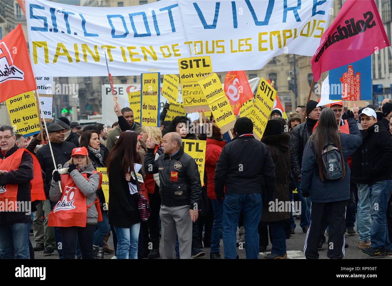 SITL employees protest jobs threatening, Lyon, France Stock Photo