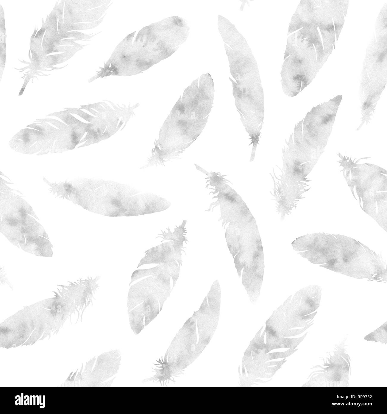 Hand painted watercolor feathers seamless pattern on white background ...
