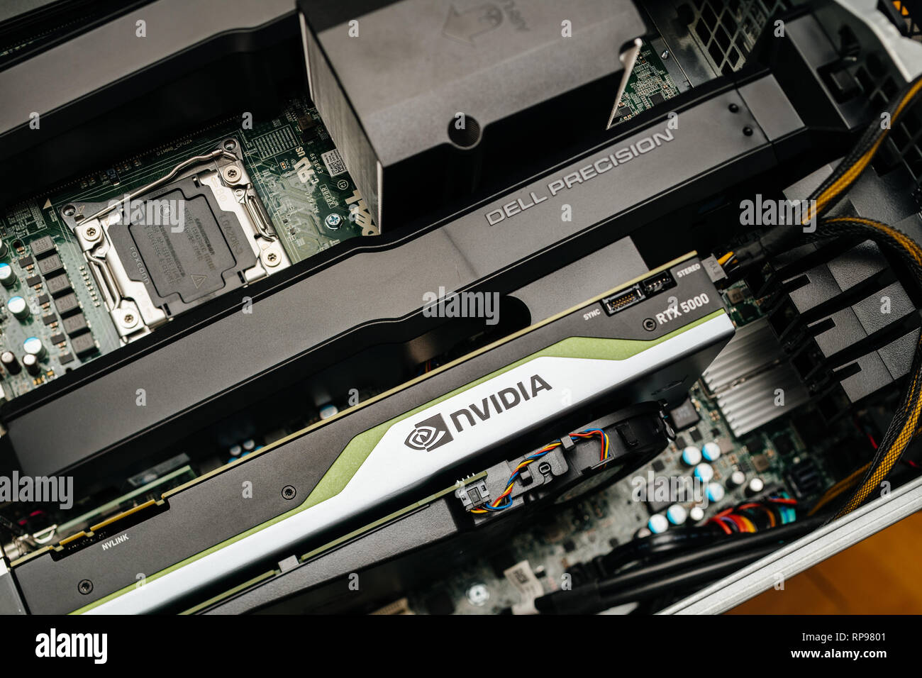 Paris, France - Feb 20, 2019: latest Nvidia Quadro RTX 5000 workstation professional video card GPU for professional CAD CGI scientific machine learning in Dell Precision T7910 workstation Stock Photo