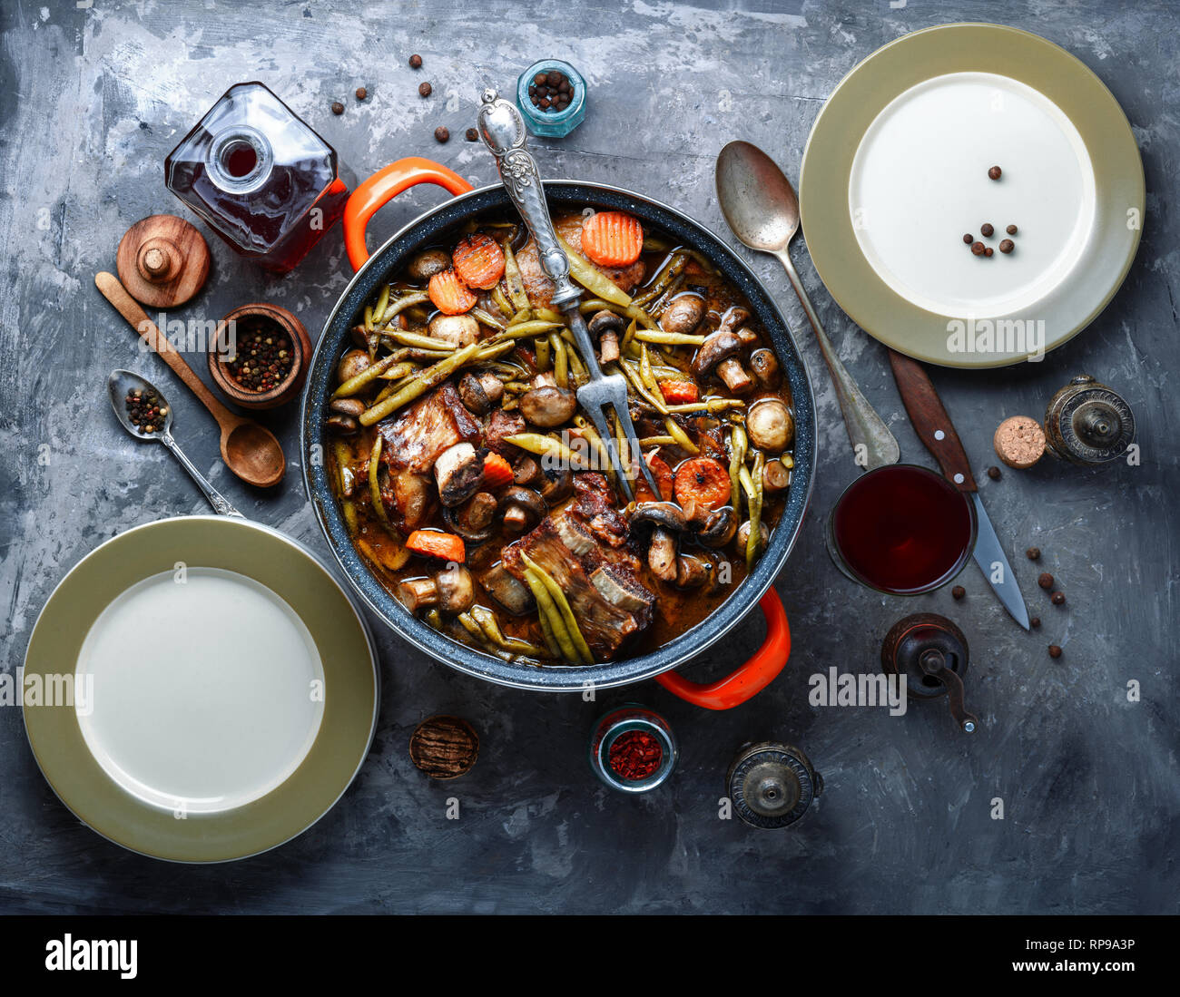 Cooking Stew meat in Burgundy or Beef Bourguignon.French cuisine Stock Photo
