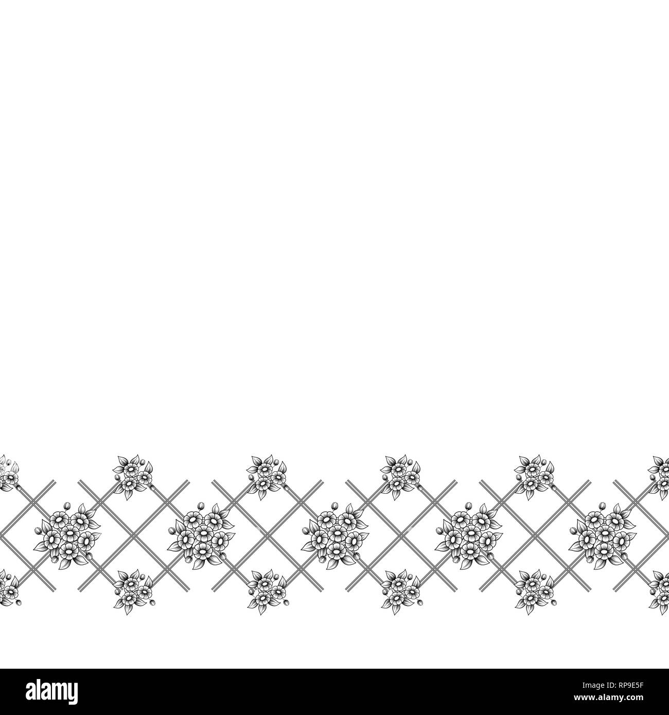 Black outline floral horizontal pattern isolated on white background Stock Vector
