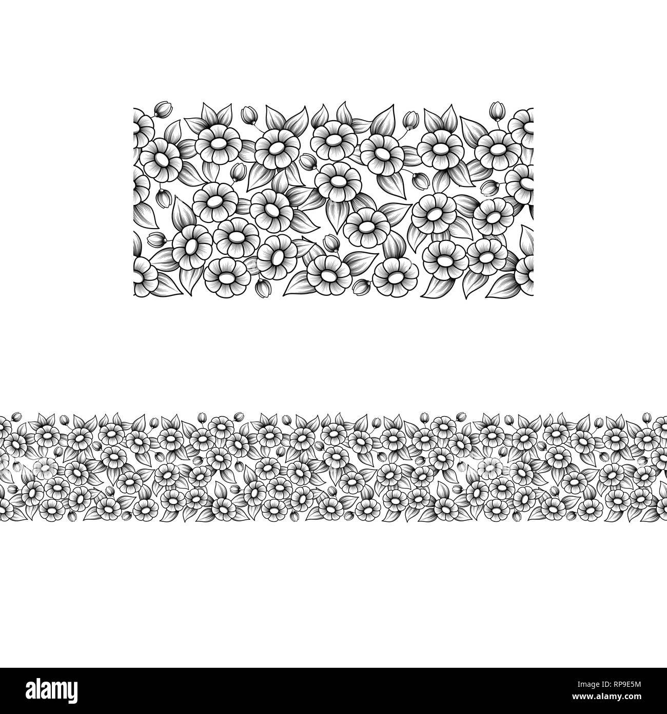 Black outline floral seamless pattern with daisy flowers isolated on white background Stock Vector