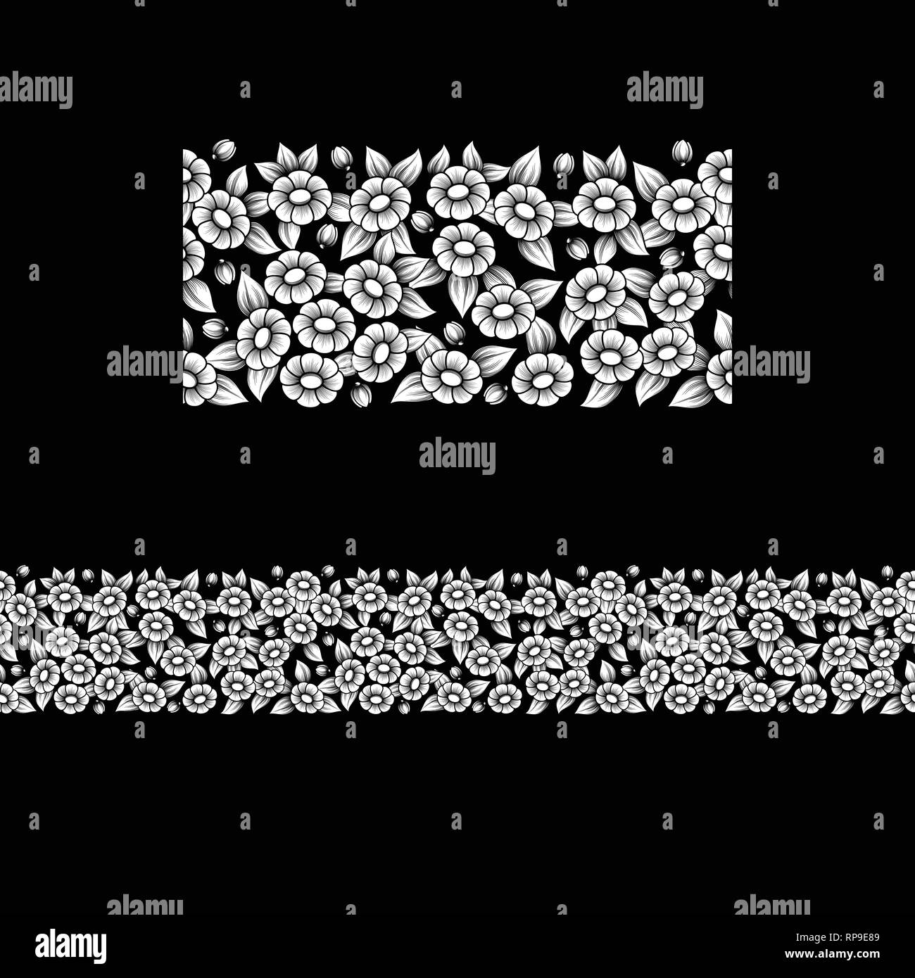 Floral seamless white pattern with flowers isolated on black background ...