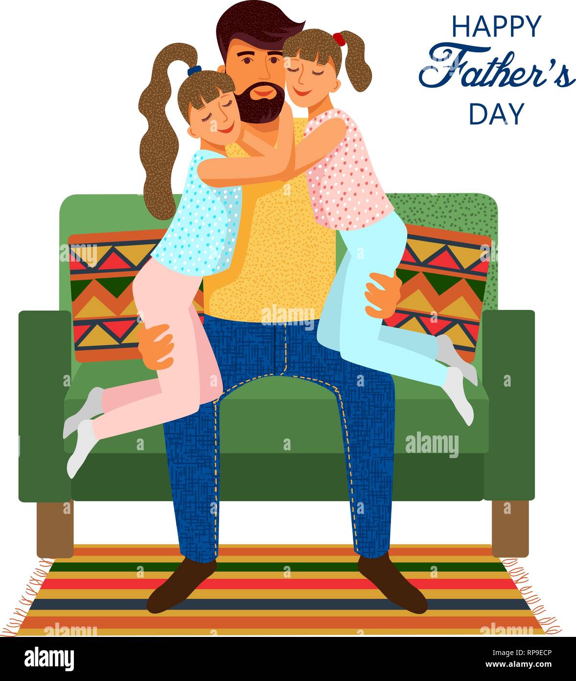 Happy fathers day. Cute flat cartoon father and Two daughters on the sofa isolated on a white background with text. Vector Templates for card, poster, Stock Vector