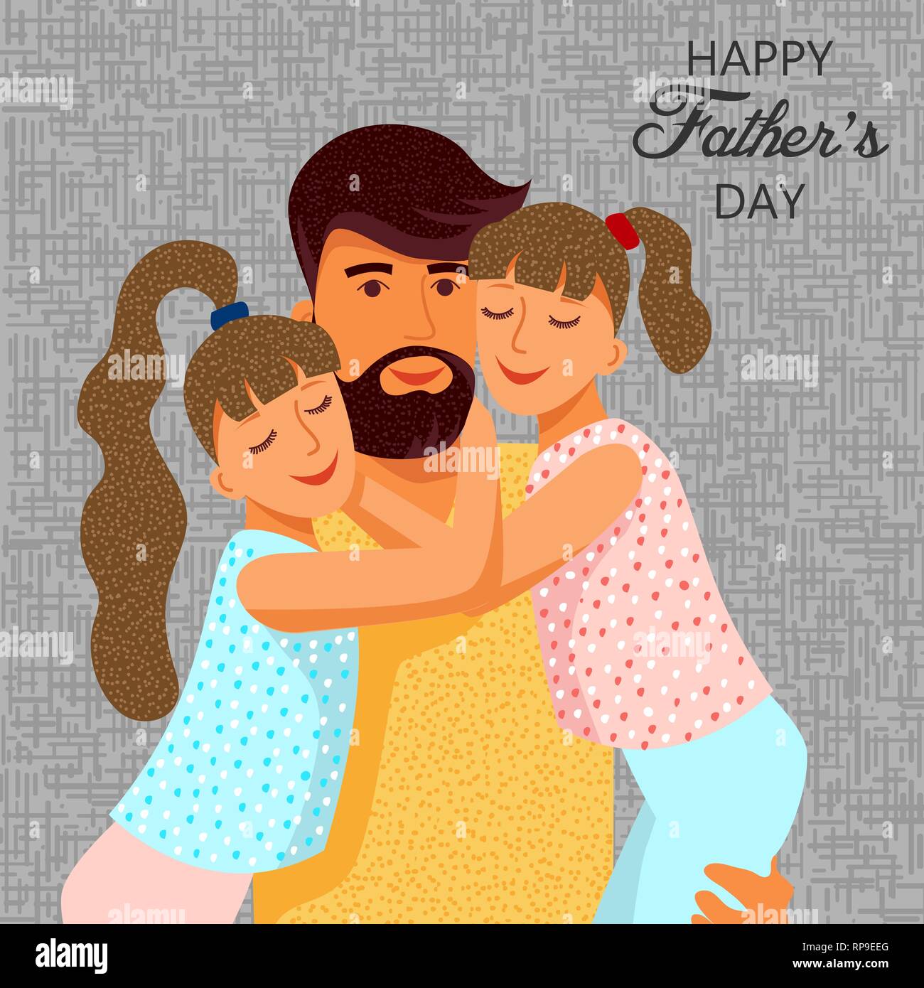 Happy fathers day. Cute flat cartoon father and Two daughters with text. Vector Templates for card, poster, flyer and other users Stock Vector