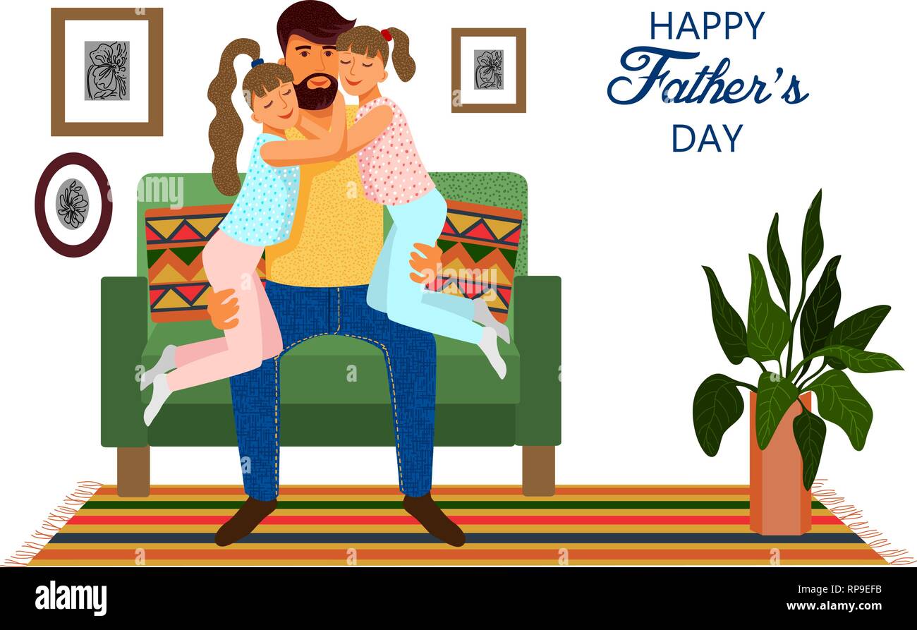 Happy fathers day. Cute flat cartoon father and Two daughters on the sofa in the interior isolated on a white background with text. Gorizontal Vector  Stock Vector