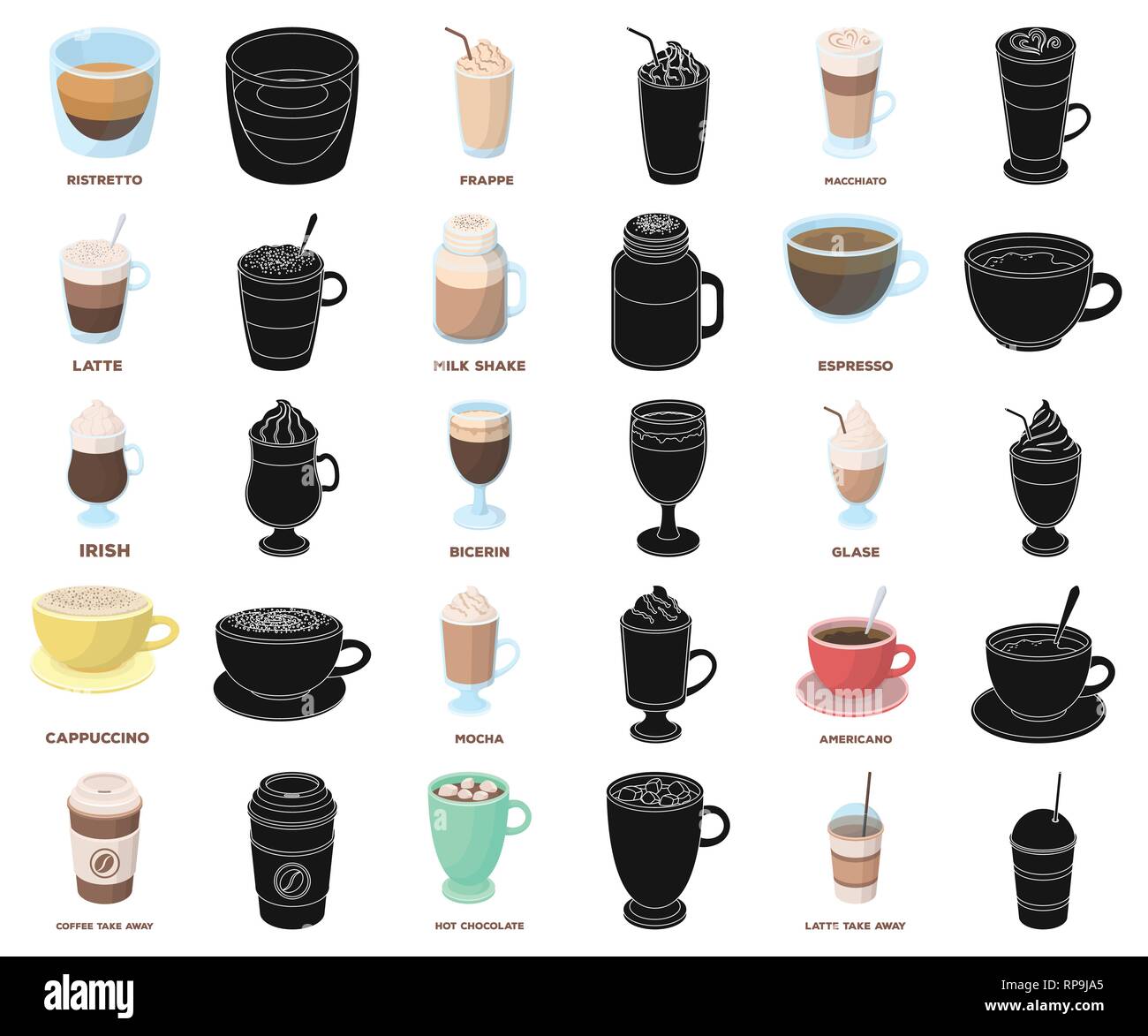 Coffee cup set vector isolated. Capuccino, latte, frappe Stock