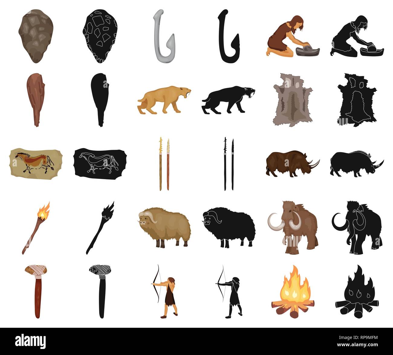 age,ancient,animal,antiquity,arrow,axe,beginning,bone,bow,campfire,cartoon,black,caveman,cavewoman,collection,culture,design,development,epoch,fauna,fish,grindstone,hide,hook,humanity,icon,illustration,isolated,life,logo,man,muskox,painting,people,period,rhinoceros,saber-toothed,set,sign,spears,stone,survival,symbol,tiger,tool,torch,truncheon,vector,venus,web,woolly mammoth Vector Vectors , Stock Vector