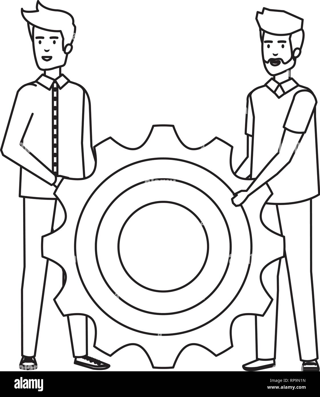 young businessmen lifting gear vector illustration design Stock Vector