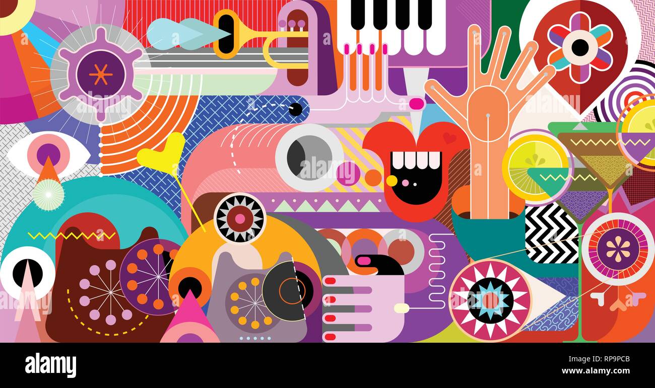 https://c8.alamy.com/comp/RP9PCB/art-design-with-trumpet-piano-keyboard-cocktails-and-obsolete-phones-vector-illustration-abstract-musical-background-RP9PCB.jpg