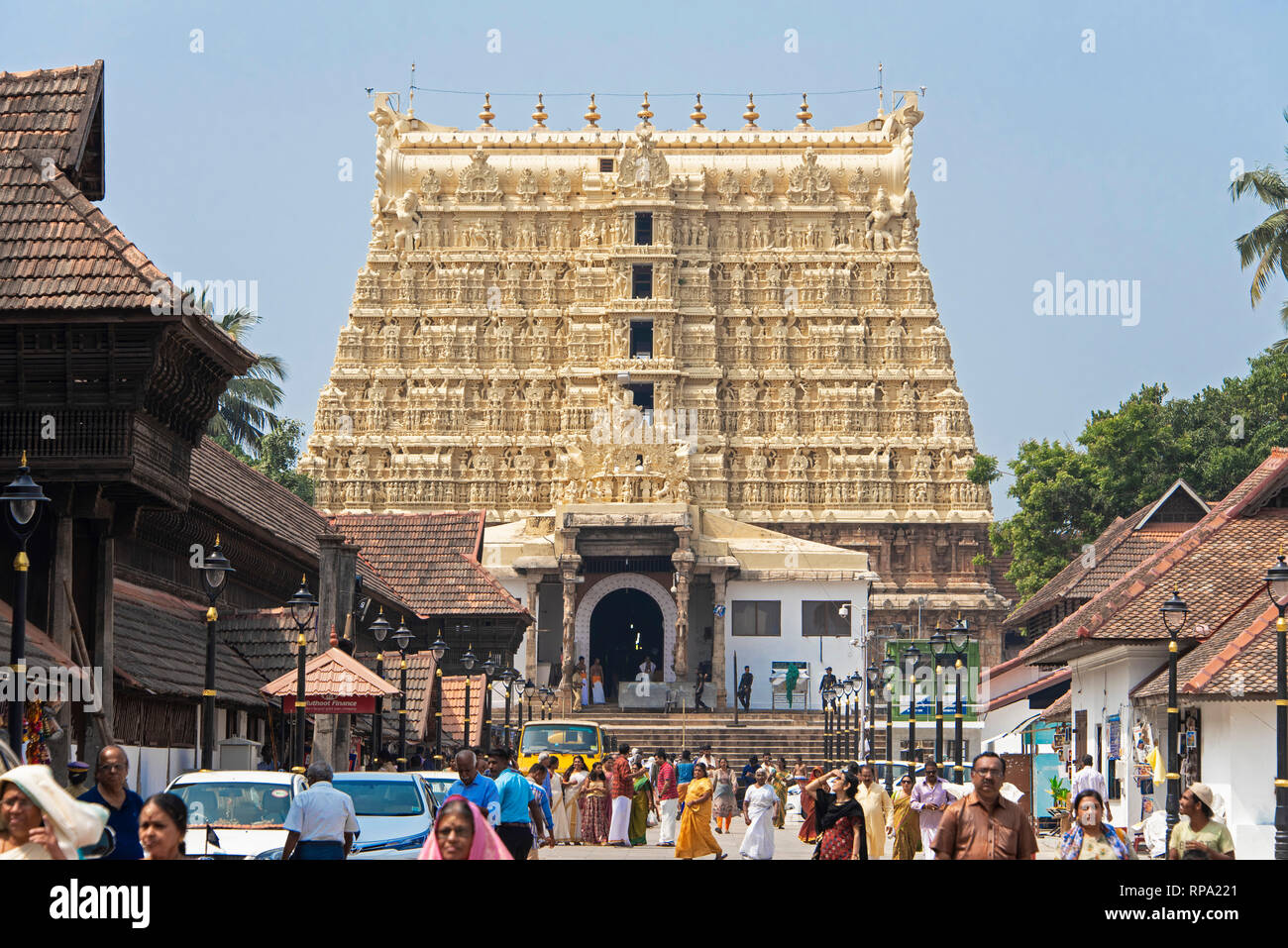 Padmanabhaswamy Temple is located in Thiruvananthapuram, Kerala, India. The temple is built in an intricate fusion of the indigenous Kerala style and  Stock Photo