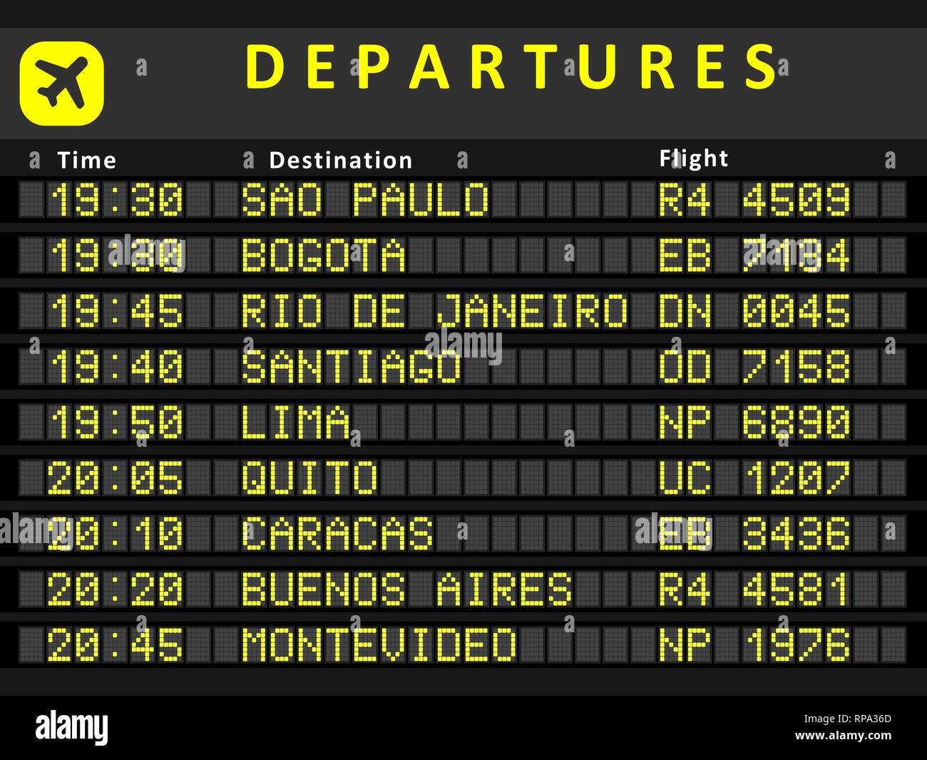 Departure board - destination airports. Busiest airports in South America: Sao Paulo, Bogota, Rio de Janeiro, Santiago, Lima, Quito, Caracas, Buenos A Stock Vector