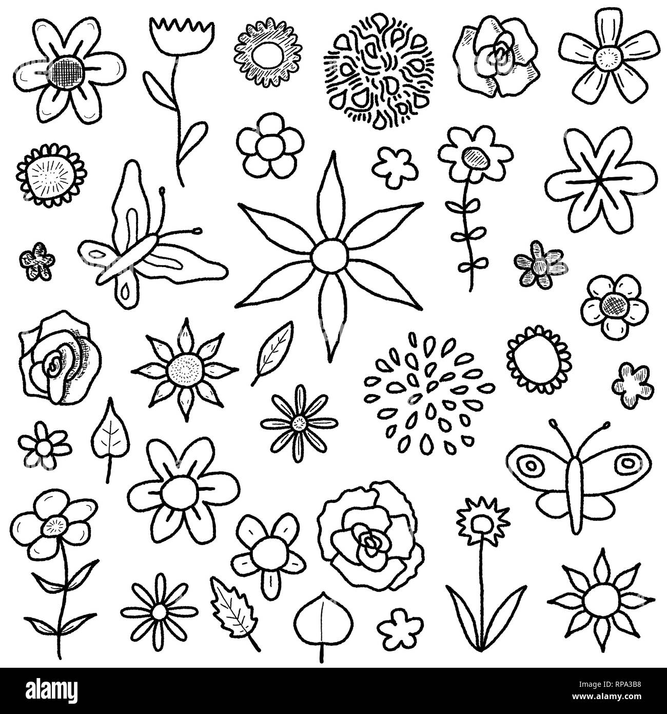 Doodle illustration collection with various flowers, leaves and butterflies. Floral scribble set. Stock Vector