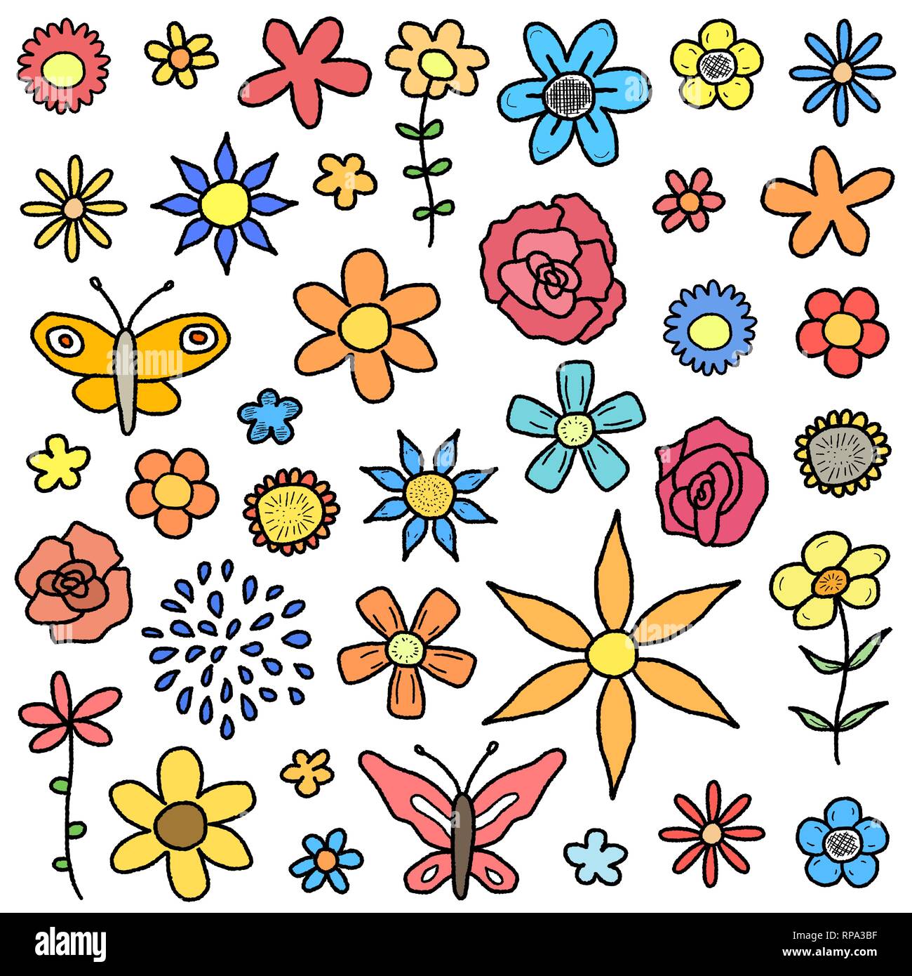 Doodle illustration collection with various flowers, leaves and butterflies. Floral scribble set. Stock Vector
