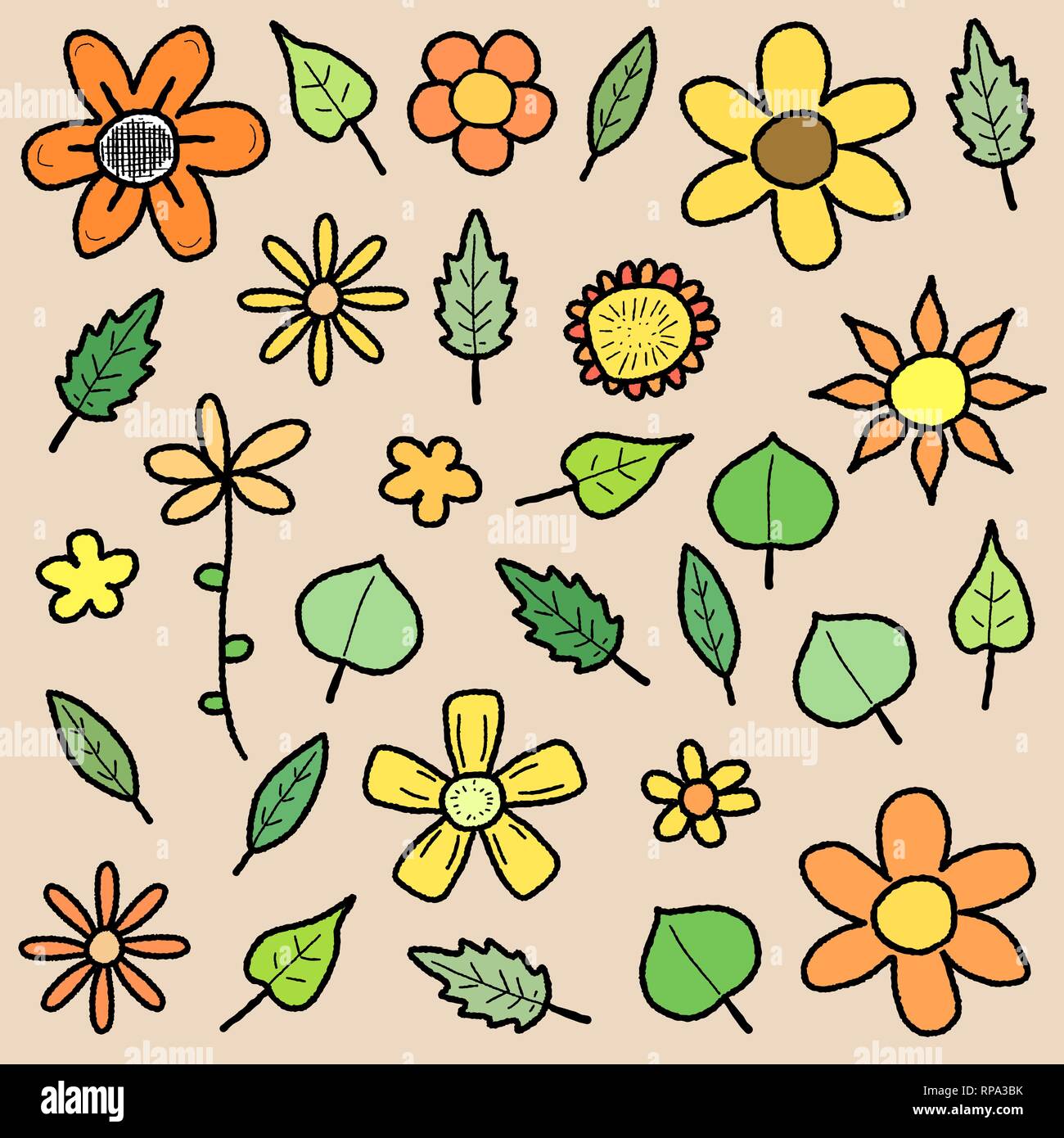 Doodle illustration collection with various flowers and leaves. Floral scribble set. Stock Vector