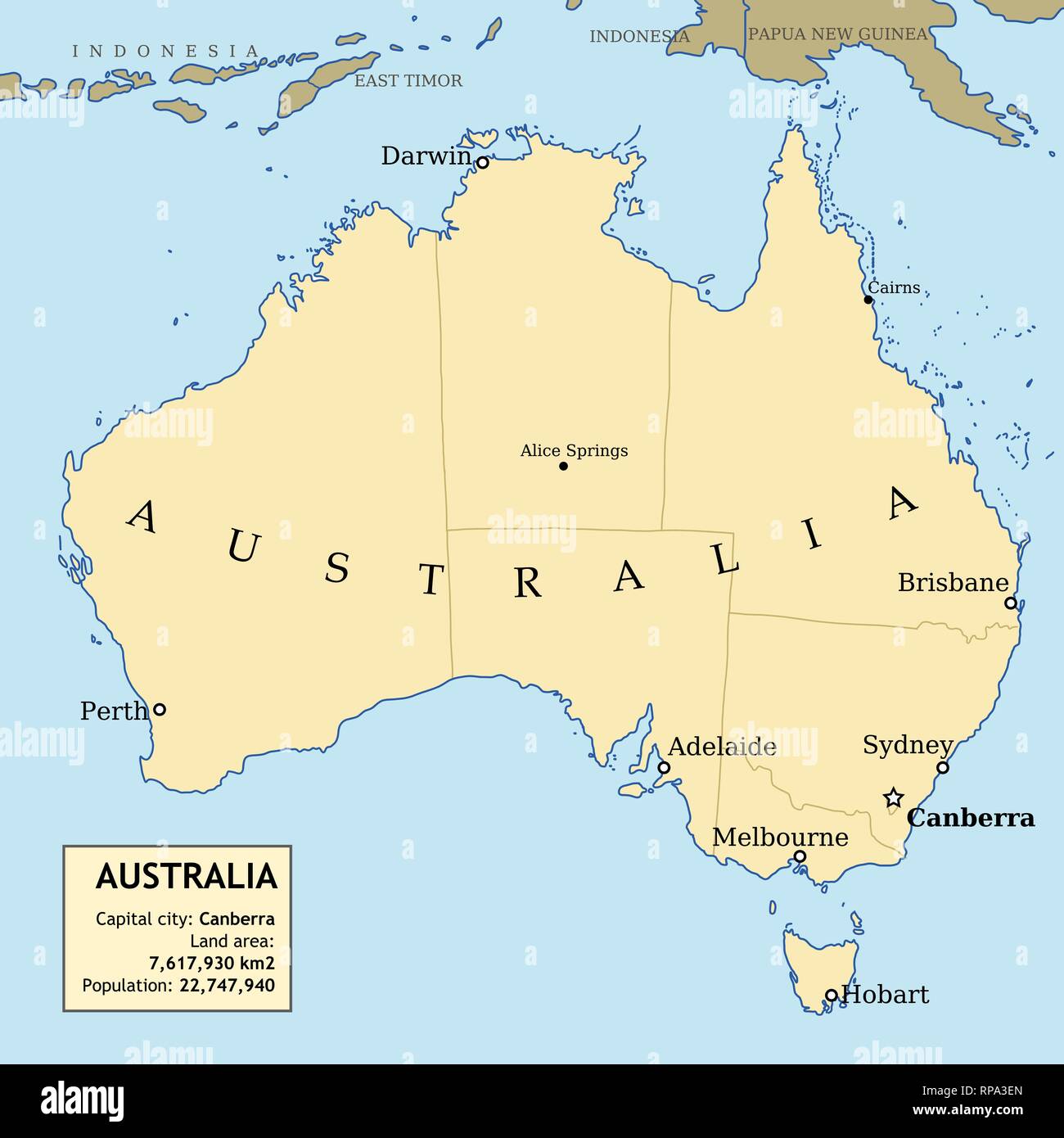 Map of Australia with all important cities and administrative division into states and information data table. Stock Vector