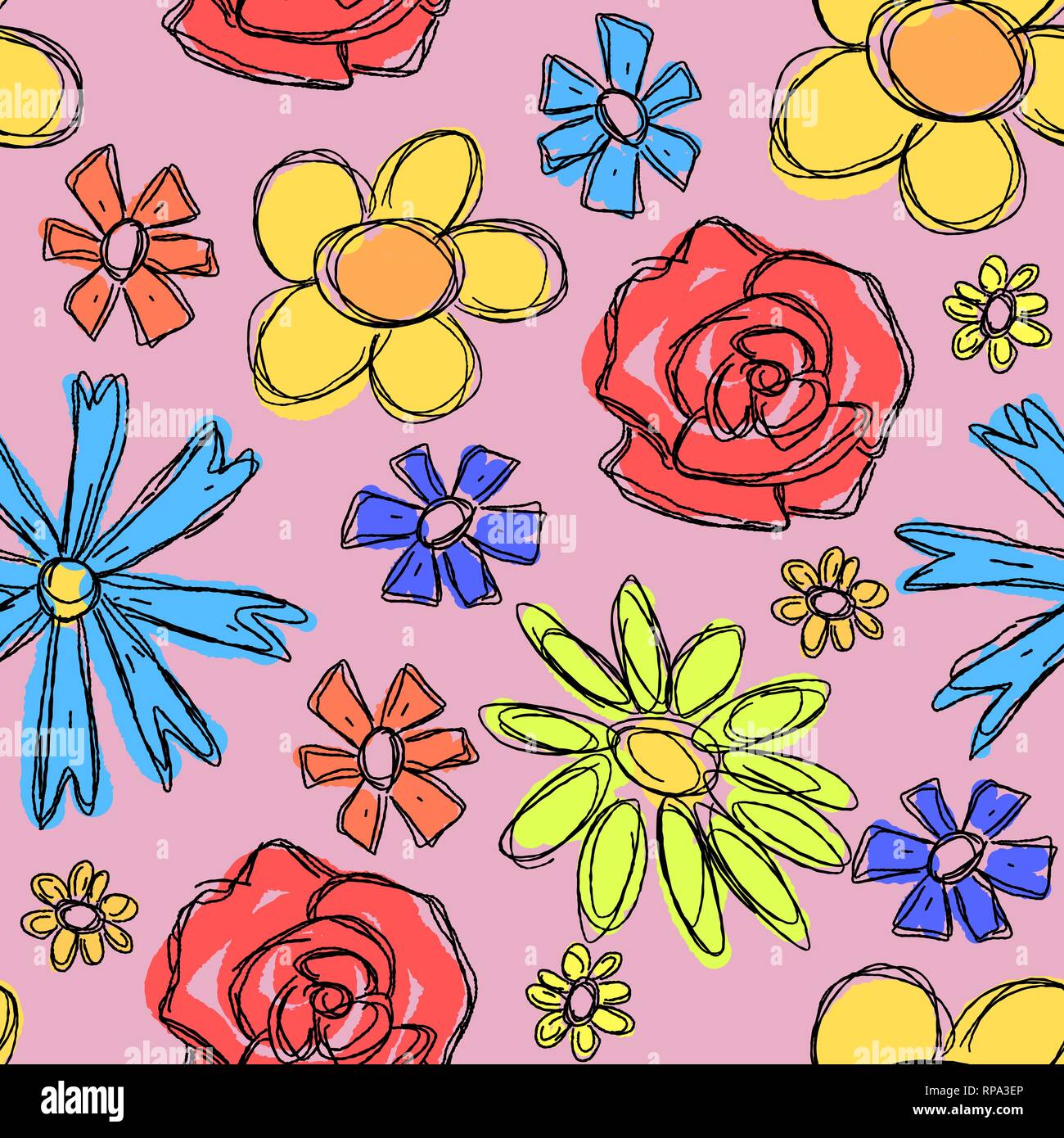 Seamless Colorful Doodle Pattern. Vector Background With Flowers. Patterned  Paper For Scrapbook Albums. Memphis Style Royalty Free SVG, Cliparts,  Vectors, and Stock Illustration. Image 90227575.