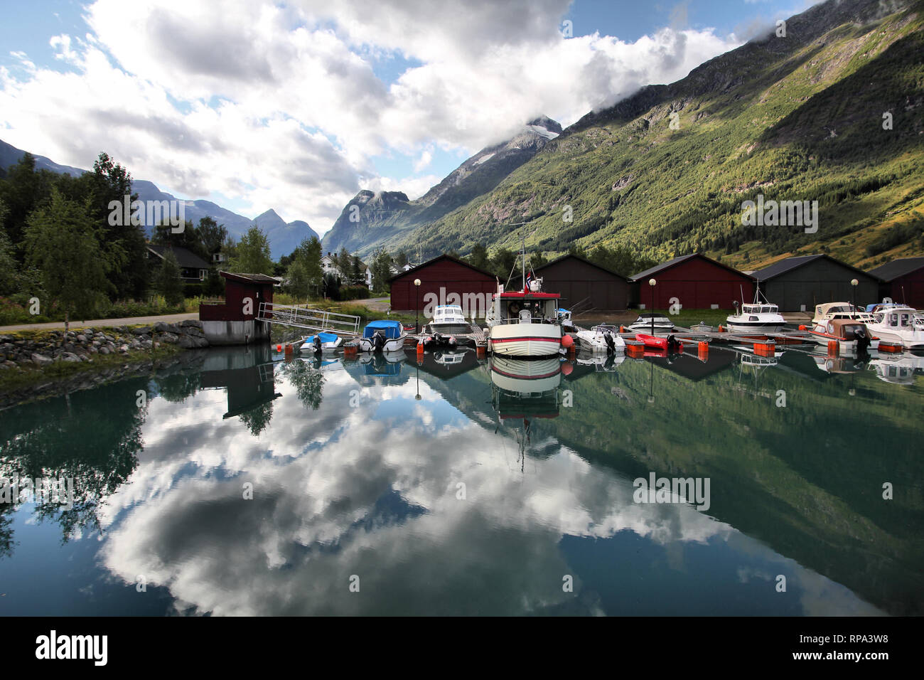 Norway, Sogn of Fjordane county. Fishing harbor, Nordfjord in Olden. Stock Photo
