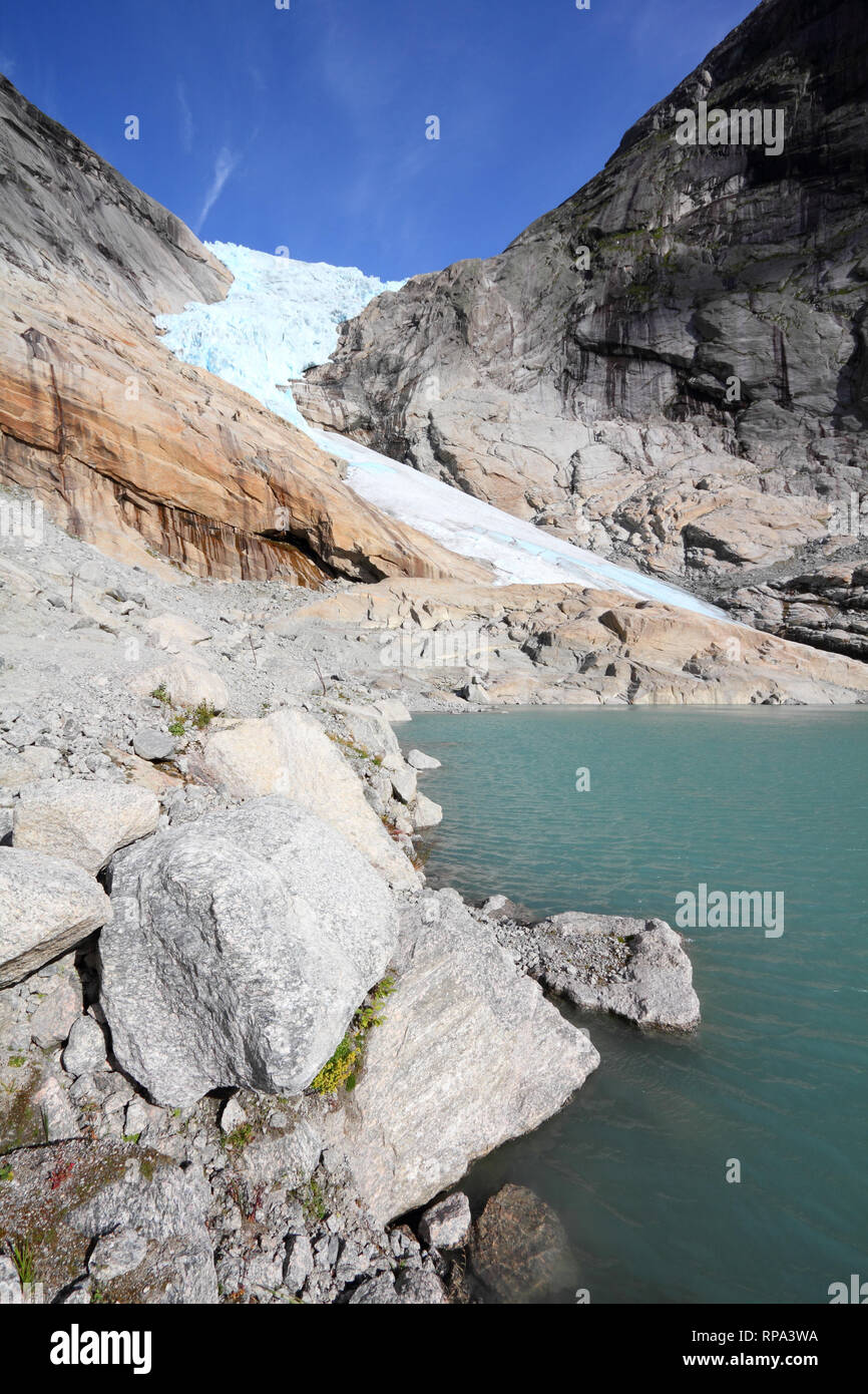 Norway, Jostedalsbreen National Park. Famous  Briksdalsbreen glacier in Briksdalen valley. Stock Photo