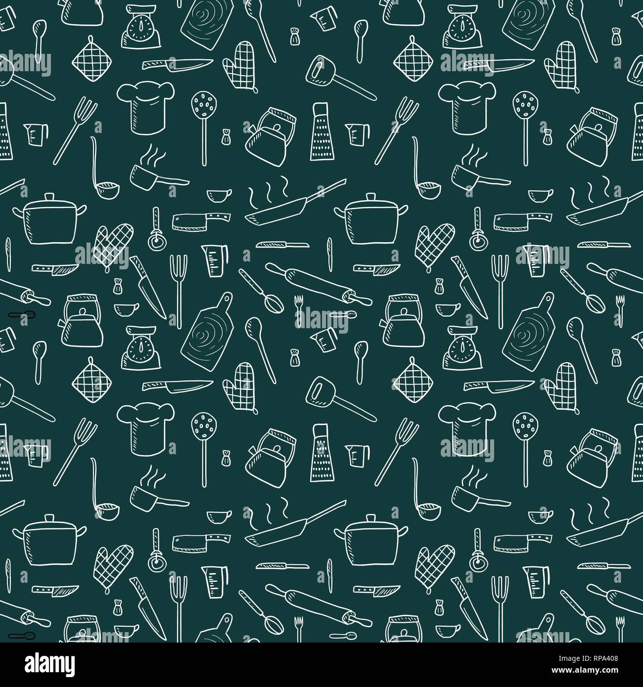 Cooking utensils and kitchen tools - seamless background doodle vector. Stock Vector