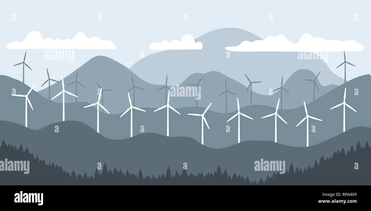 Wind farm - renewable energy wind turbines generation. Vector ...