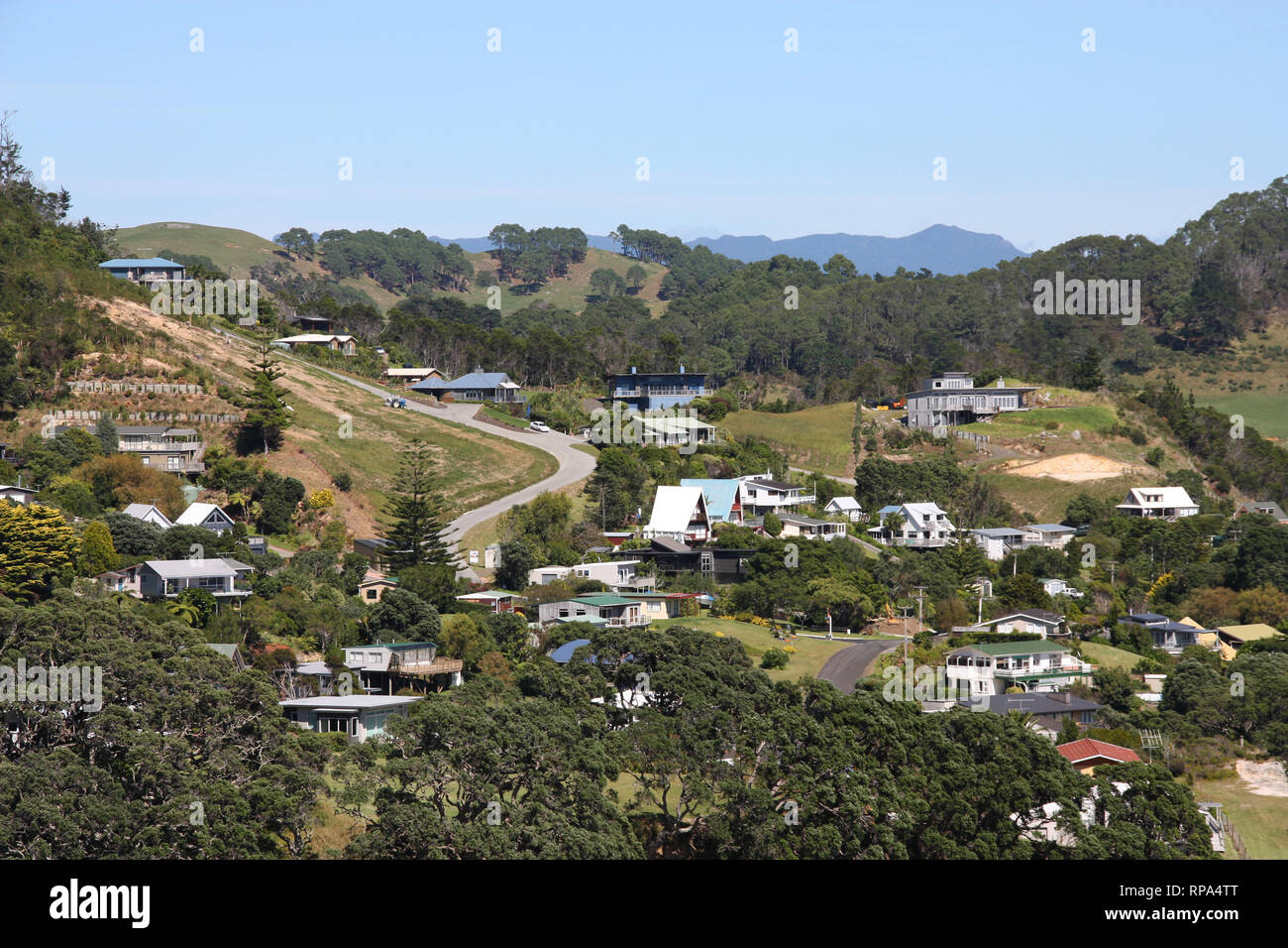 Small town in Coromandel peninsula. New Zealand - North Island. Sandy bay. Stock Photo