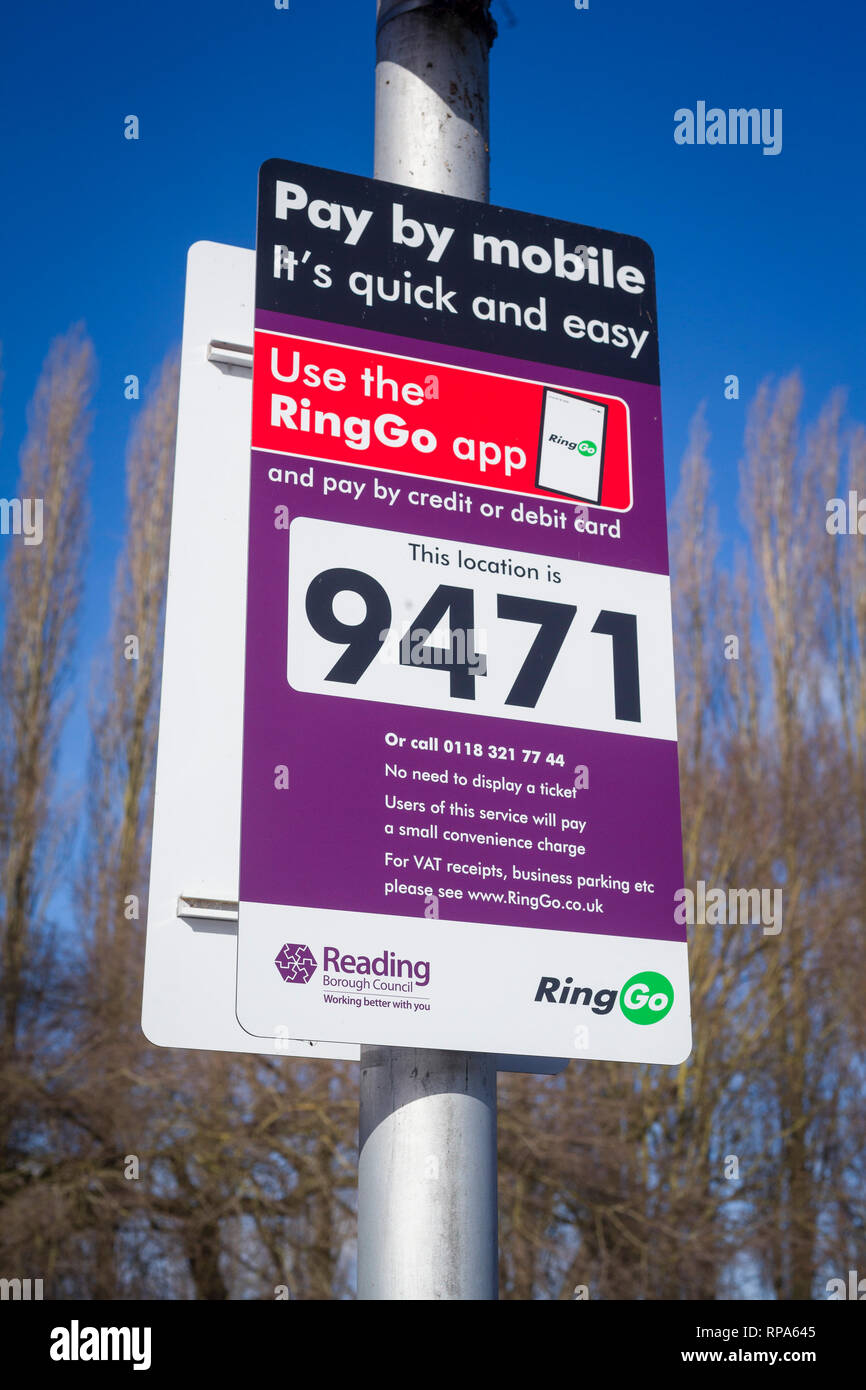Ringo Parking sign for Pay By Mobile using the Ringo app in Kings Meadows, Reading, Berkshire, Stock Photo