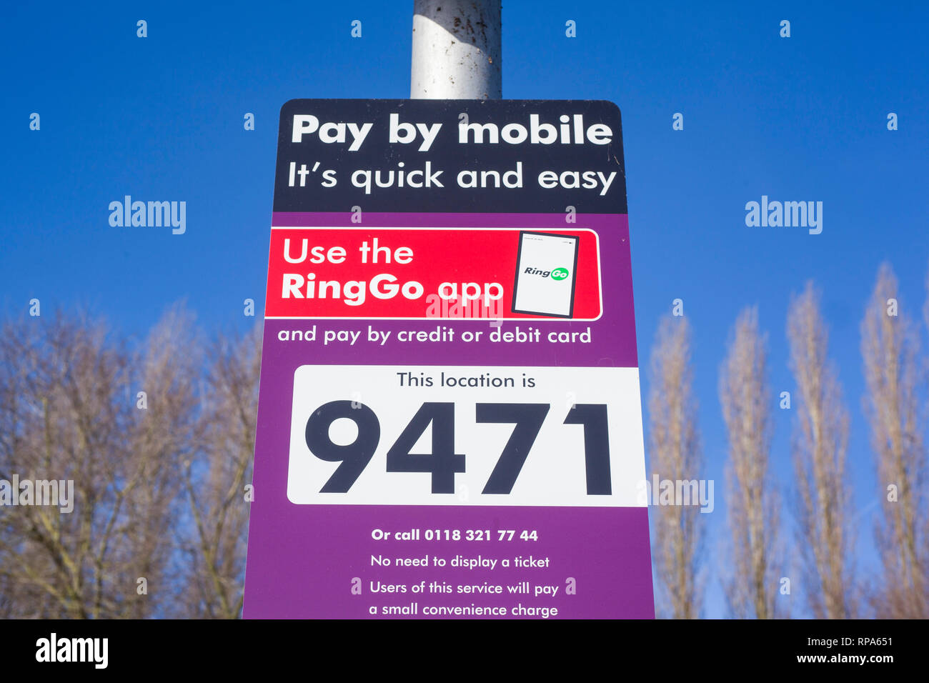 Ringo Parking sign for Pay By Mobile using the Ringo app in Kings Meadows, Reading, Berkshire, Stock Photo