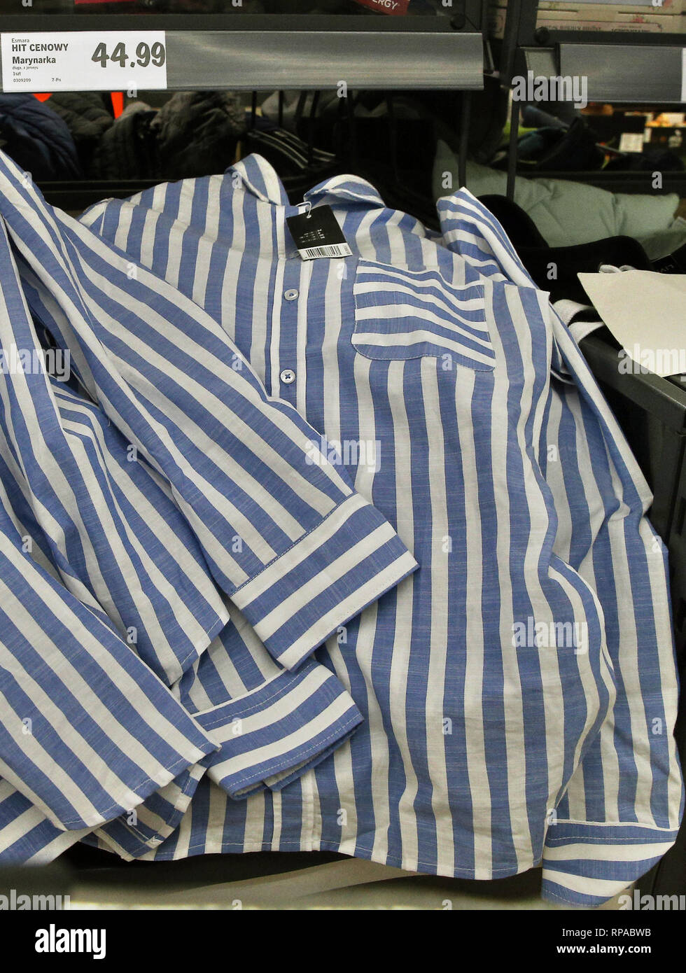 Krakow, Poland. 20th Feb, 2019. Striped shirts seen in the supermarkets of the German trade network Lidl operating in Poland, where you can buy shirts that resemble camp striped uniforms that were worn by prisoners of concentration and extermination camps, including Auschwitz-Birkenau. It is worth noting that the promotion time coincided with the recognition of diplomatic relations between Poland and Israel. Credit: Damian Klamka/SOPA Images/ZUMA Wire/Alamy Live News Stock Photo