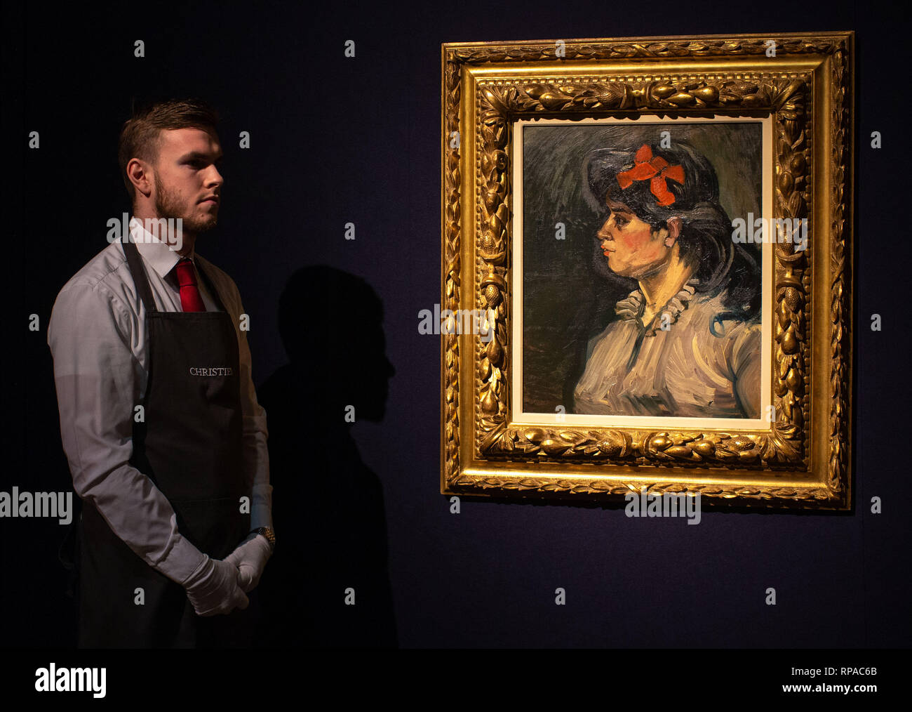 London, UK. 21st Feb, 2019. 'Portrait de femme:buste, profil gauche' by Vincent Van Gogh, estimated £8-£12 Million. The Christie's 'Impressionist and Modern Art' sale and 'The Art of the Surreal' sale press preview. The sale will take place non February 27th. Credit: Tommy London/Alamy Live News Stock Photo