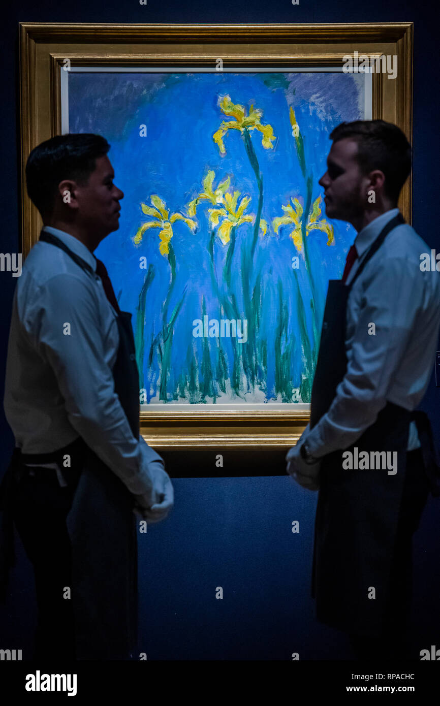 London, UK. 21st Feb, 2019. Claude Monet (1840-1926) Iris, est £4-6m - Christie’s presents an exhibition of works from its upcoming Impressionist & Modern Art and The Art Of The Surreal Sales which will take place on 27 Feb at Christie’s King Street. Credit: Guy Bell/Alamy Live News Stock Photo
