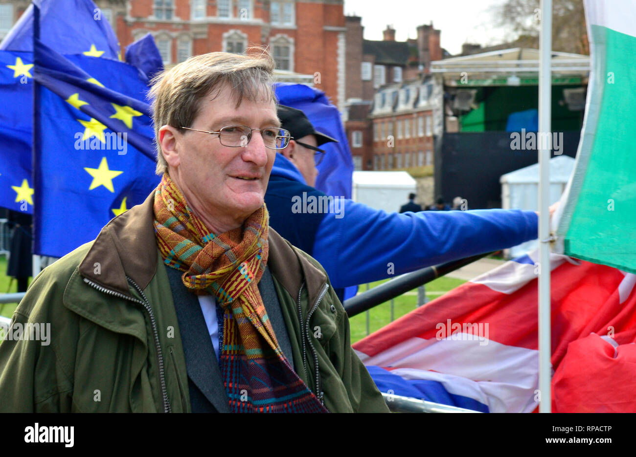 Londom, 21st Feb. MPs around College Green, Westminster to give TV interviews on the current political situation. Dominic Grieve MP (Con) former Attourney General Credit: PjrFoto/Alamy Live News Stock Photo