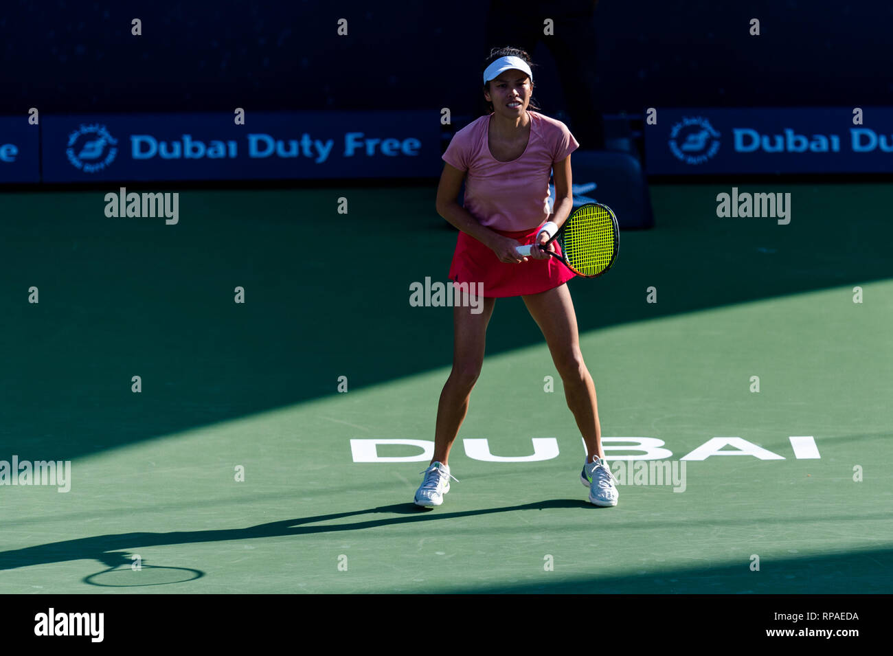 Dubai, UAE. 21st February, 2019. Su-Wei Hsieh of Taipei surrounded by  shadow in the quarter final match against Karolina Pliskova of the Czech  Republic during the Dubai Duty Free Tennis Championship at