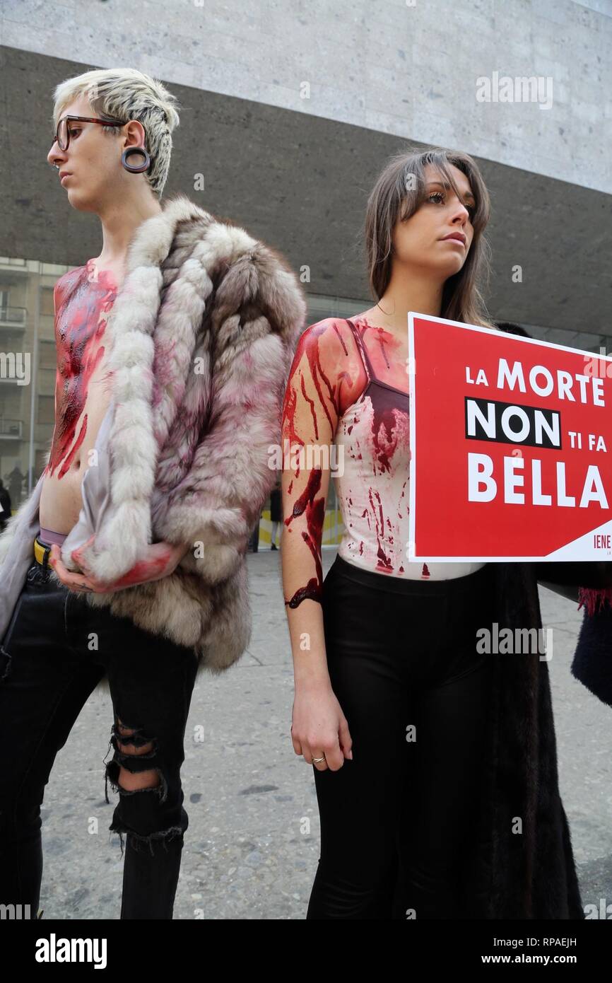 Flash mob animalist vegan hyenas in front of the entrance of the Max Mara  fashion show in via Roentgen to protest against the use of fur by the brand  (Massimo Alberico, Milan -