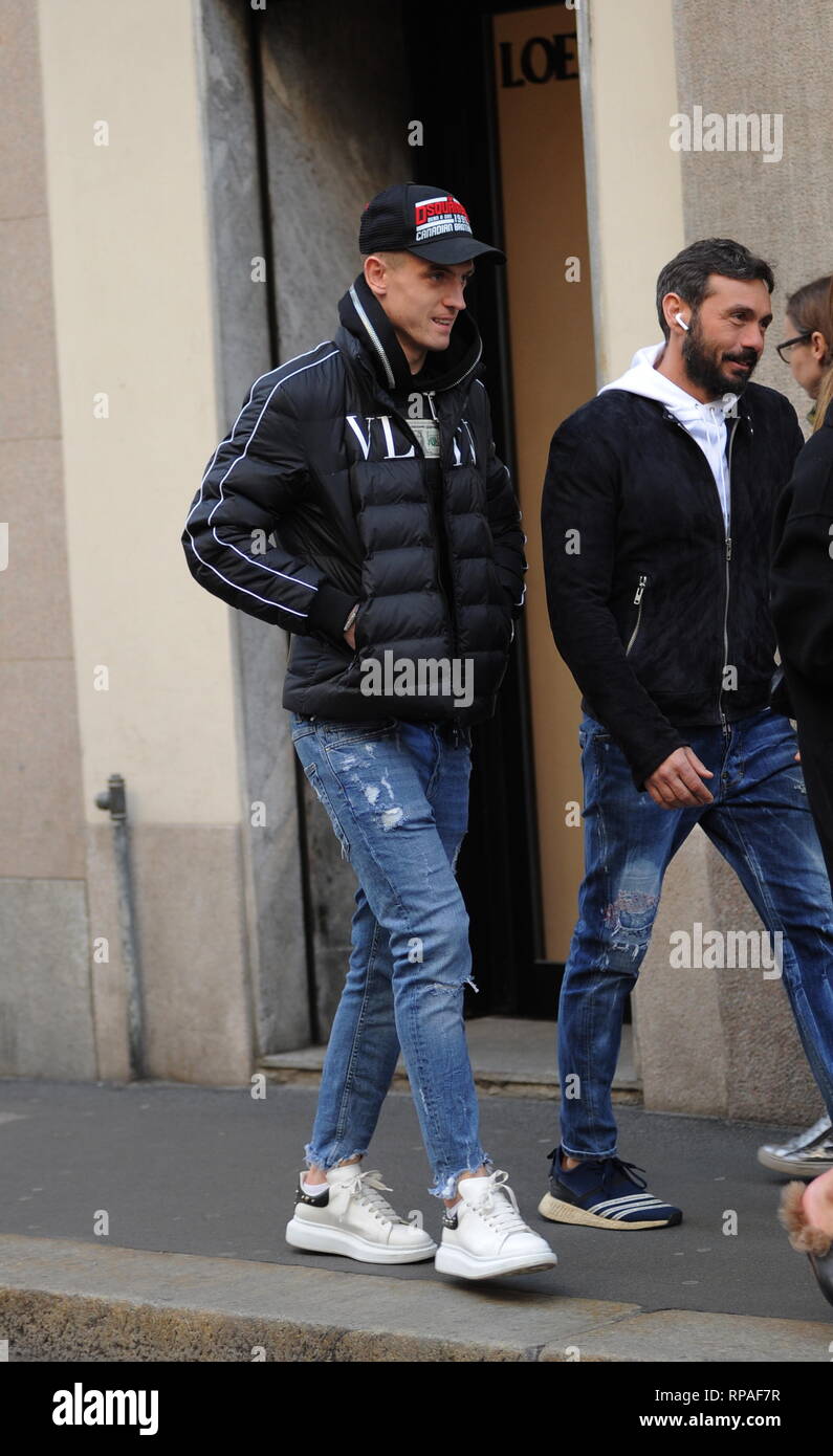 Milan, Piatek and girlfriend walking in the center - The striker of Milan  and of the national team of Poland, KRZYSZTOF PIATEK surprised on the  streets of the center with his girlfriend