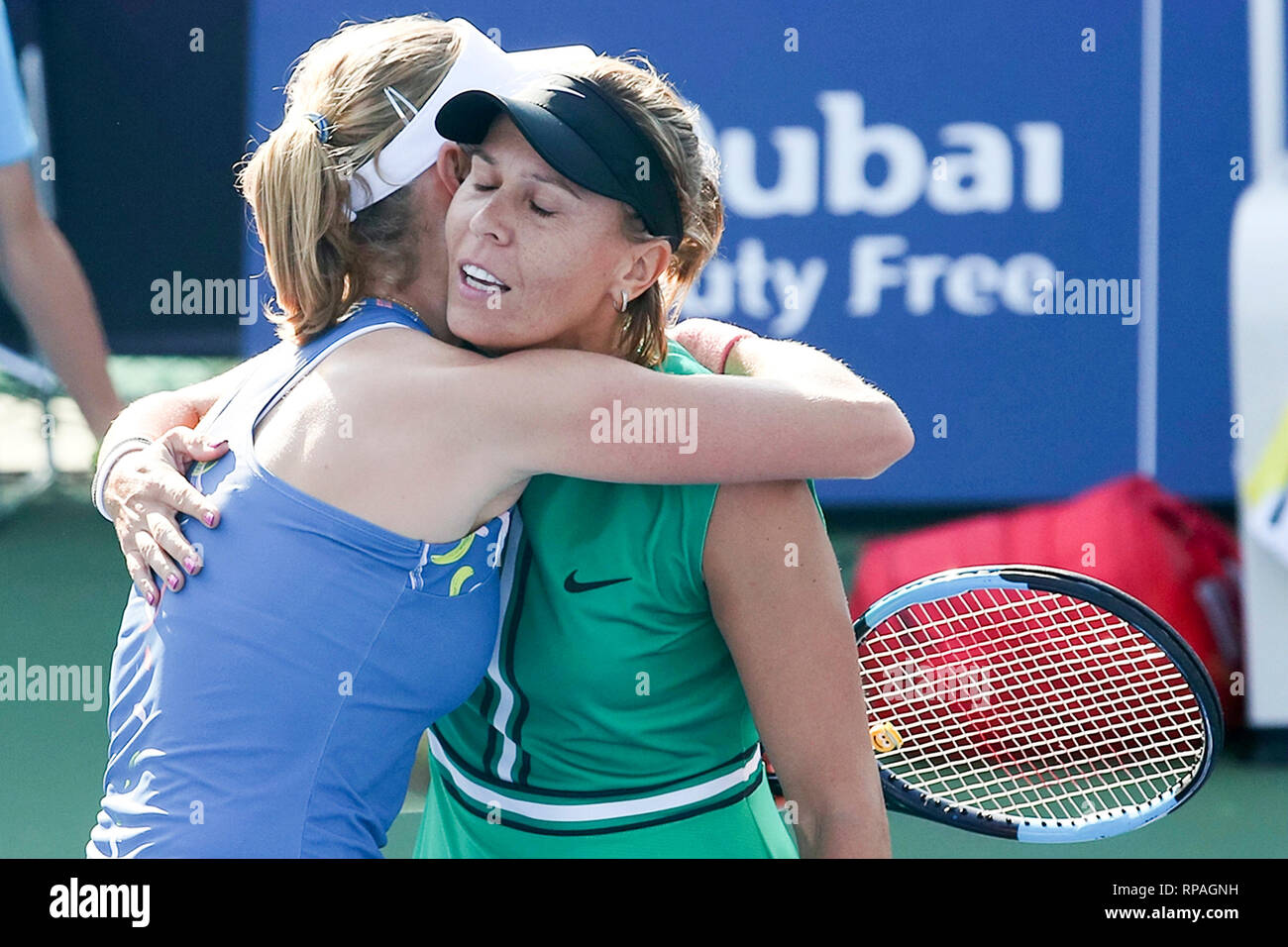 Dubai, United Arab Emirates. 21st Feb, 2019. Ekaterina Makarova (L)/Lucie  Hradecka celebrate victory after winning the women's doubles quarterfinal  match between Gabriela Dabrowski (Canada)/Xu Yifan (China) and Lucie  Hradecka (the Czech Republic)/Ekaterina