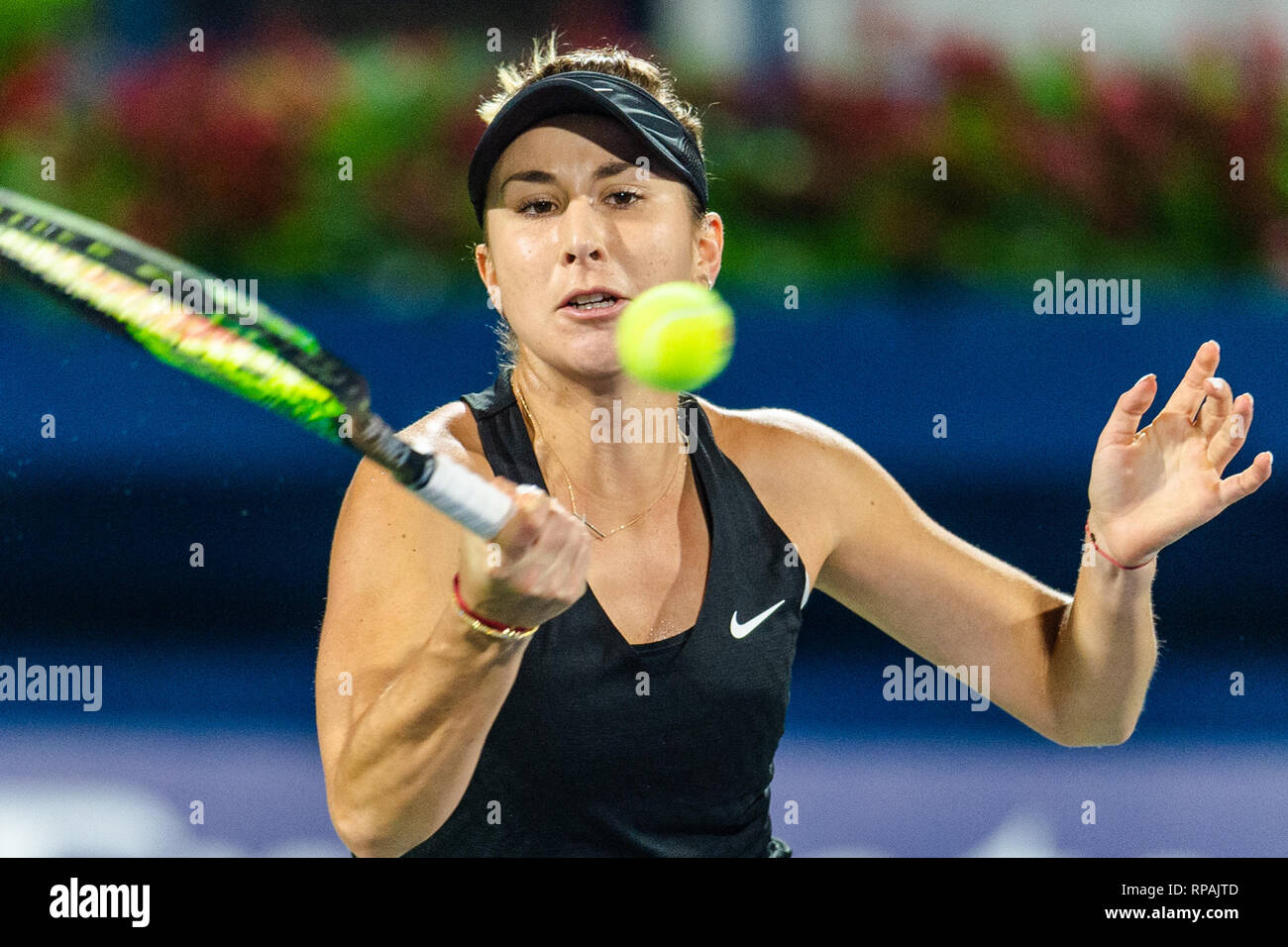 Dubai, Uinted Arab Emirates. 21st Feb 2019. Belinda Bencic of Switzerland  in action in the quarter final match against Simona Halep of Romania during  the Dubai Duty Free Tennis Championship at the