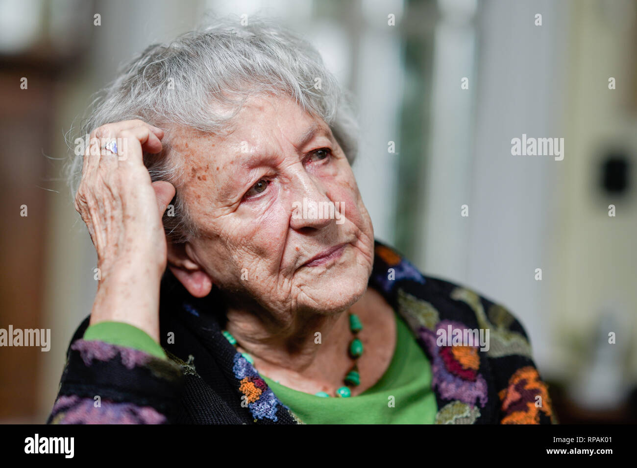 Weinheim, Germany. 11th Feb, 2019. The writer Ingrid Noll is sitting in a room of her house during an interview. Credit: Uwe Anspach/dpa/Alamy Live News Stock Photo