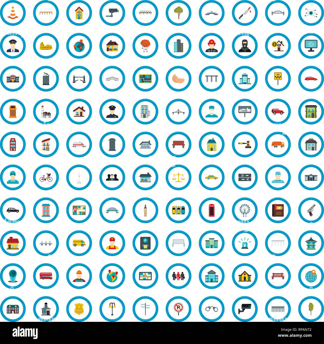 100 big city icons set, flat style Stock Vector