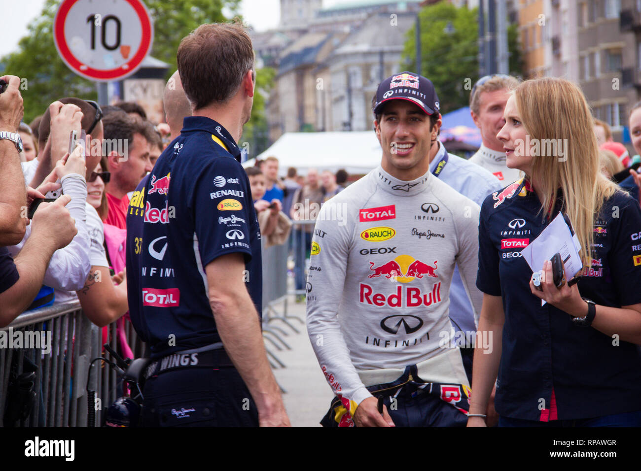 F1 Daniel Ricciardo and David Coulthard /Archive Street, AD photos, Red Bull,  Infiniti, Pepe Jeans, Rauch, Geox, Renault, Total/ 2014 Budapest, Hungary  Stock Photo - Alamy
