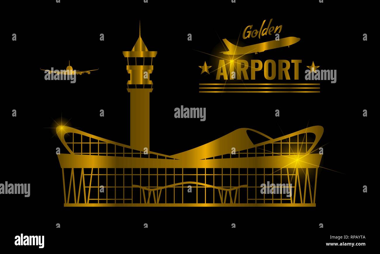 Golden Modern Airport terminal building icon label. Isolated gold color