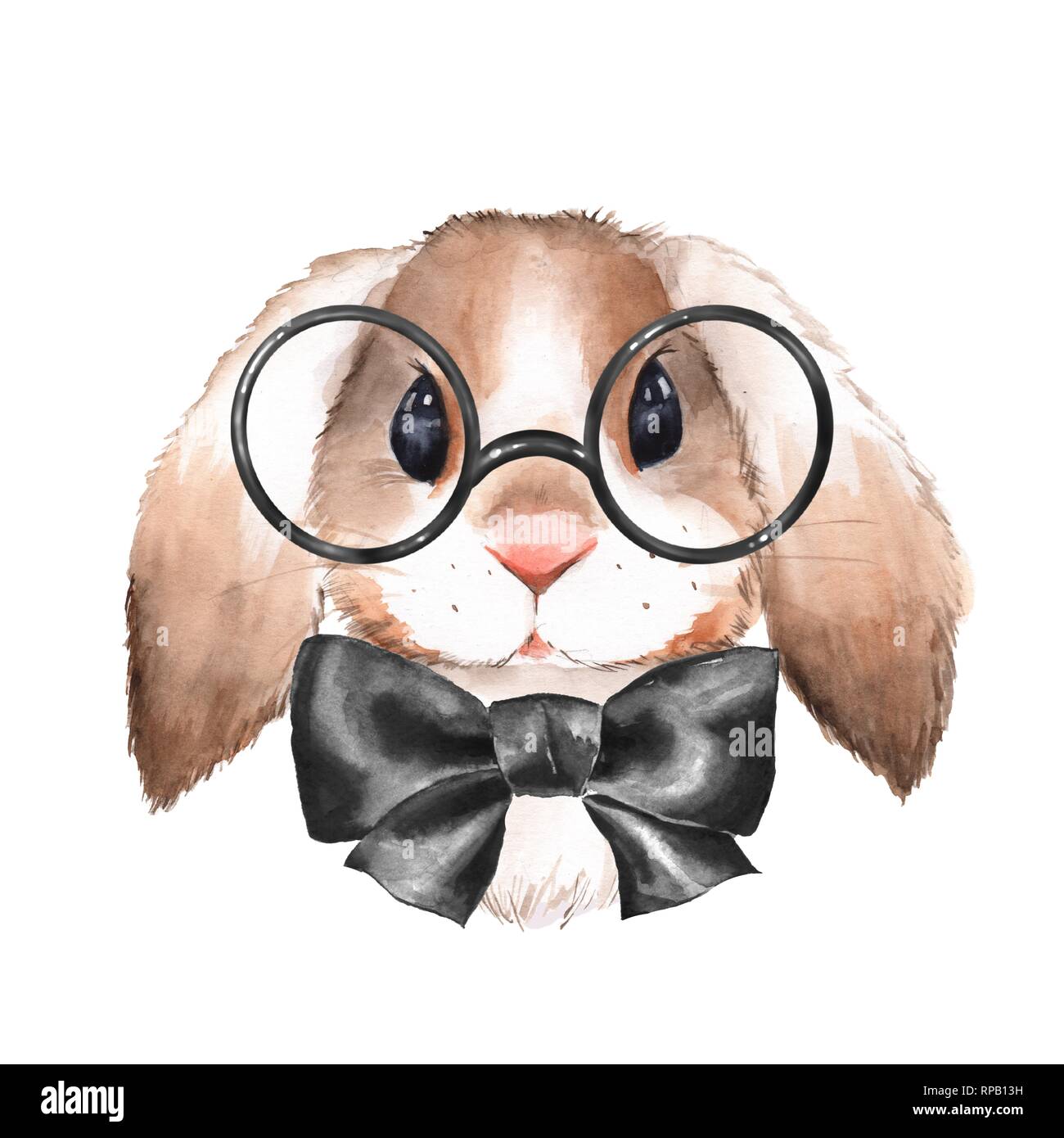 Watercolor portrait cute rabbit with glasses Stock Photo
