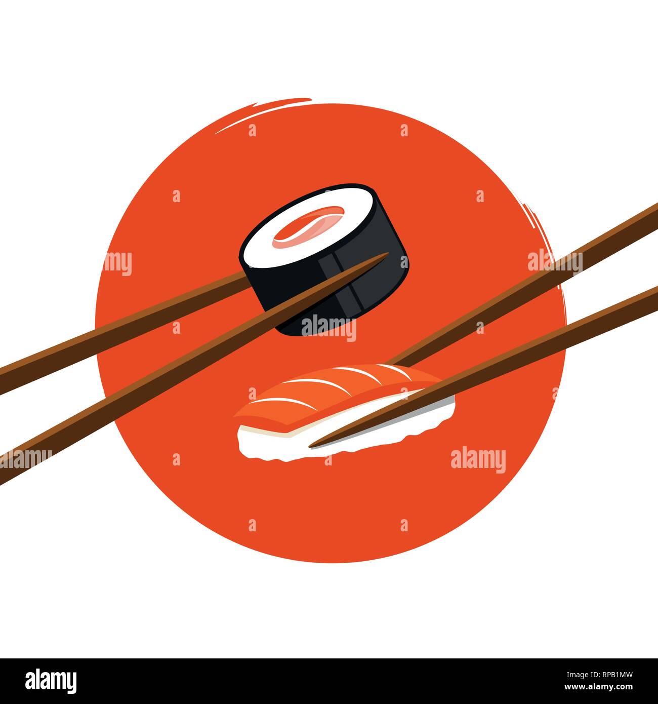 holding sushi with salmon with chopsticks on an circle orange background vector illustration EPS10 Stock Vector