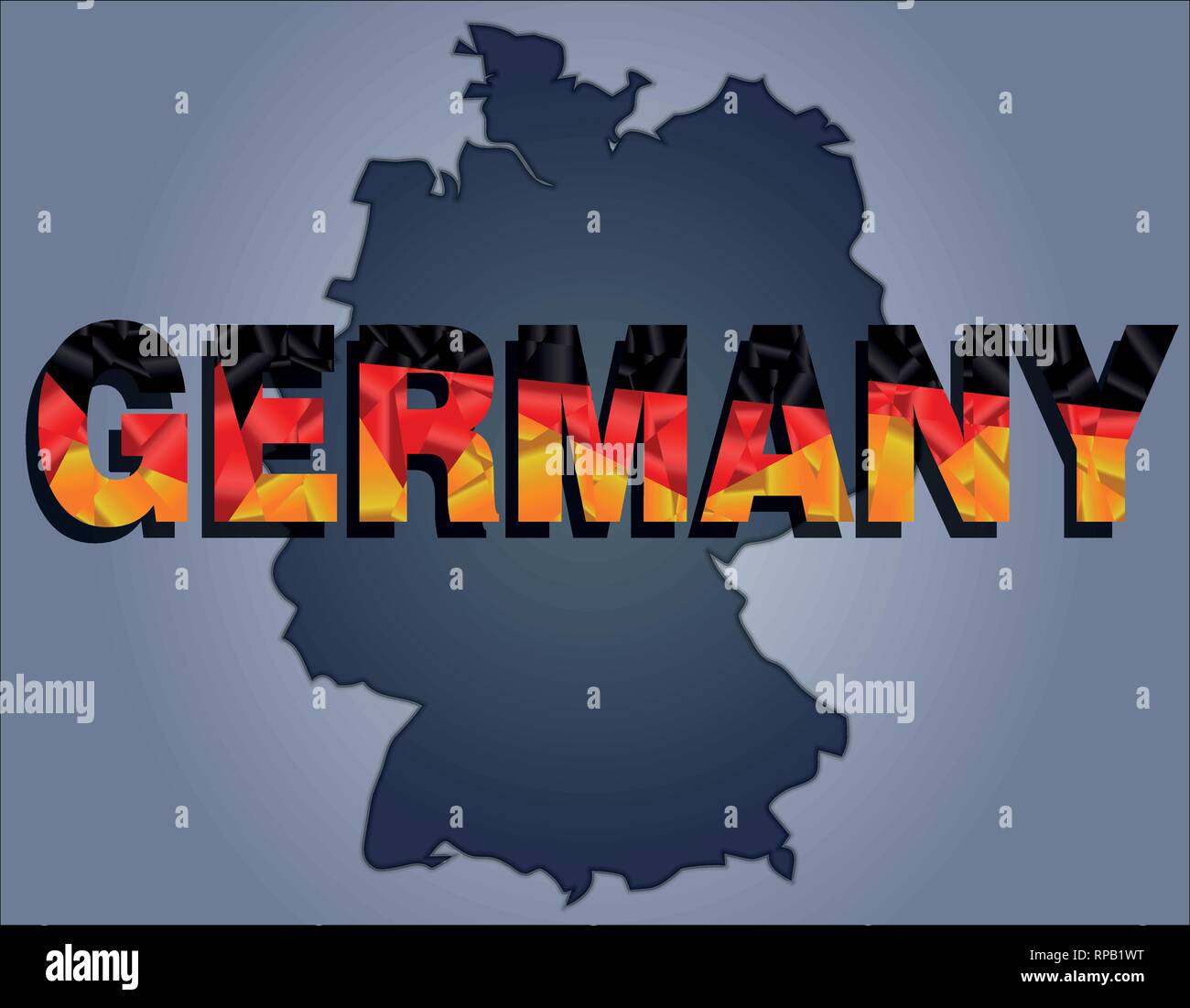 The contours of territory of Germany in grey colours and word Germany in colors of the oficial flag, black, red and yellow Stock Vector