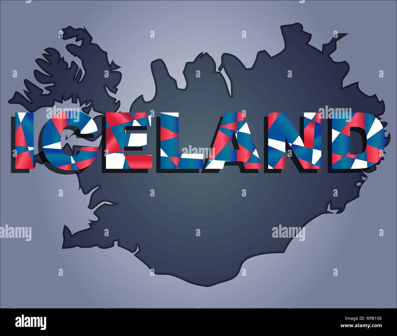 The contours of territory of Iceland in grey colours and word Iceland in colors of the oficial flag, red, blue and white Stock Vector