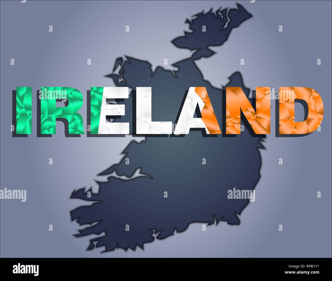 The contours of territory of Ireland in grey colours and word Ireland in colors of the oficial flag, green, white and orange Stock Vector