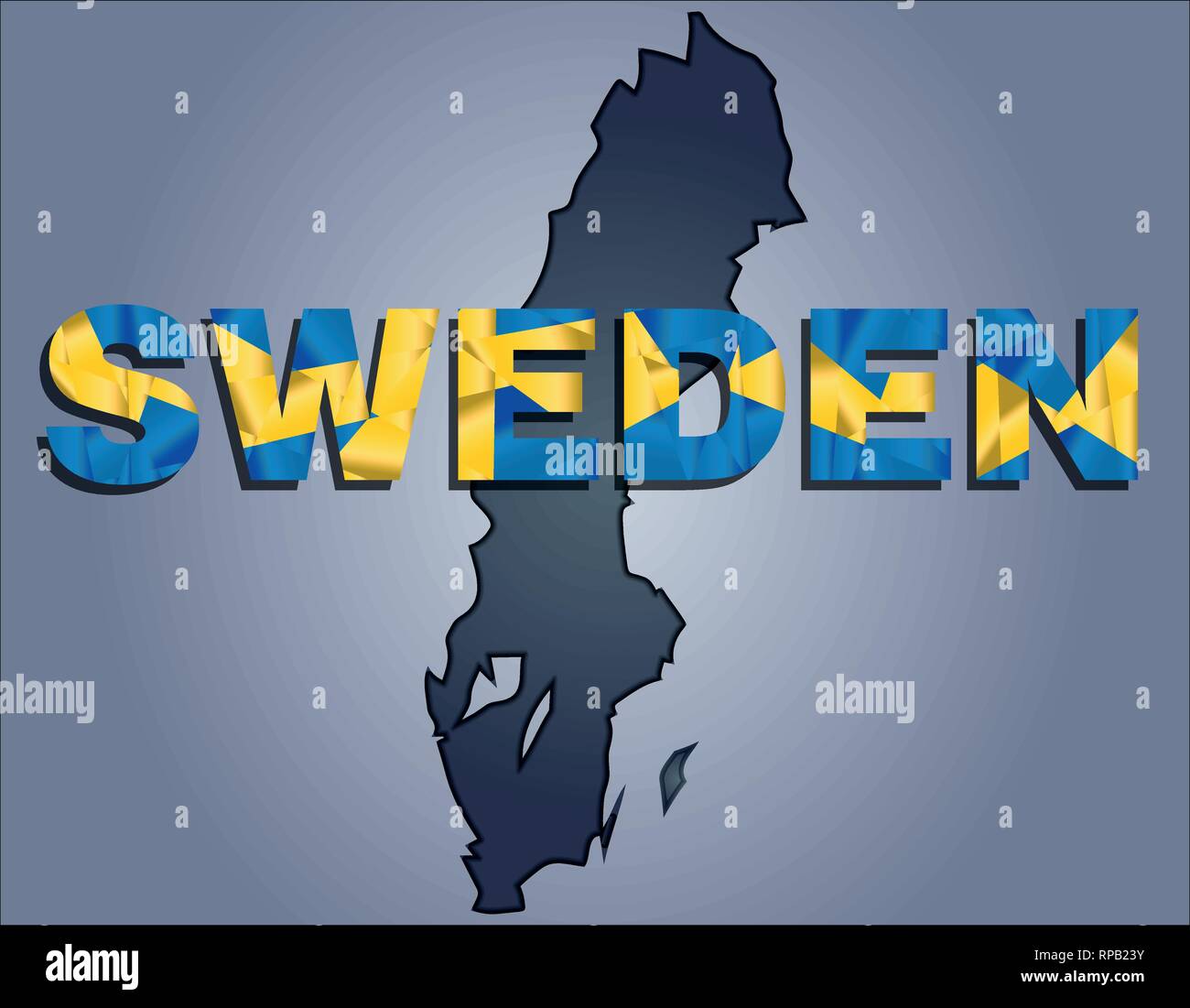 The contours of territory of Sweden in grey colours and word Sweden in colors of the oficial flag, yellow and blue Stock Vector